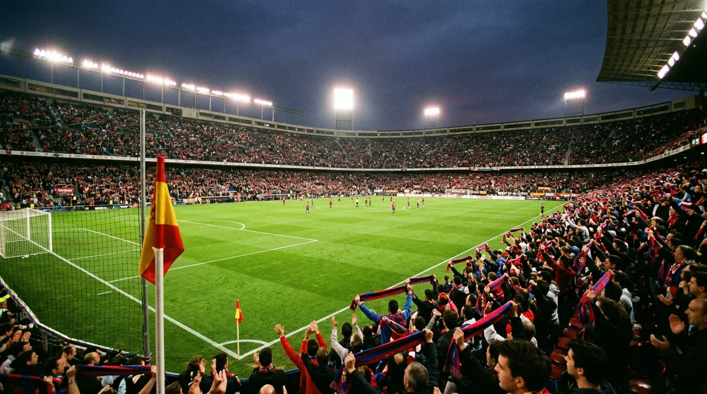 Sfeer in een Spaans La Liga-stadion tijdens een avondwedstrijd