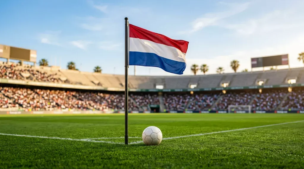 Nederlandse vlag naast een voetbal op groen gras in een Spaans stadion