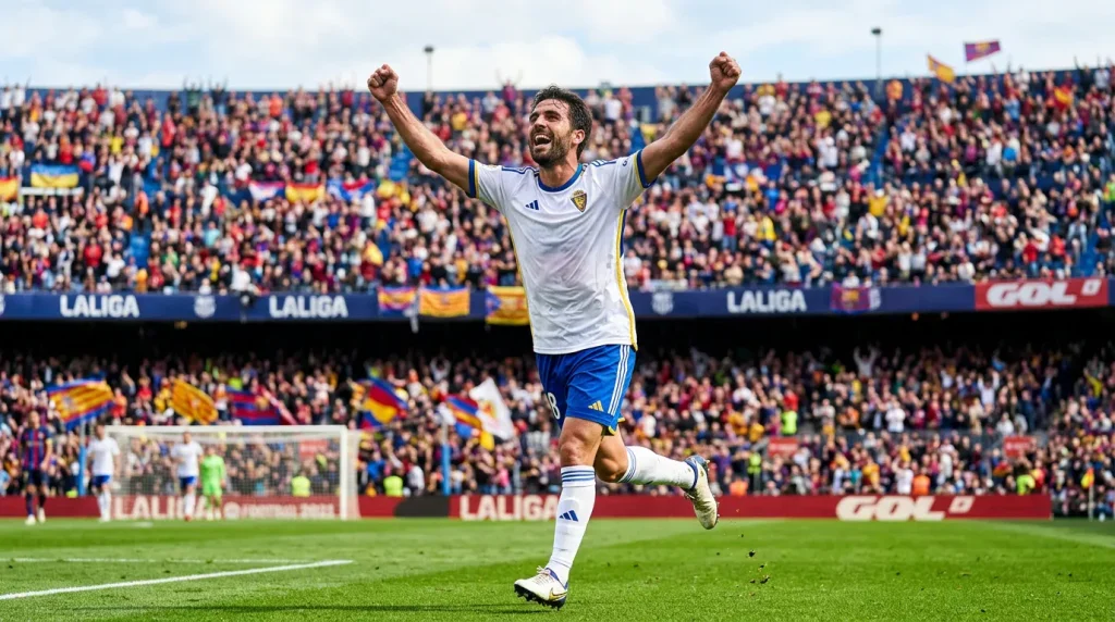 Spaanse voetballer die een doelpunt viert op een groen La Liga-veld