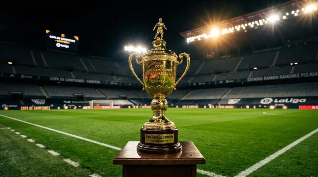 La Liga-kampioensbeker op een verlicht Spaans voetbalveld bij avondlicht