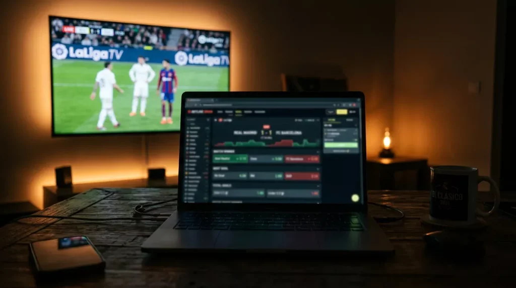 Laptop met live odds op een Spaanse voetbalwedstrijd in een donkere kamer