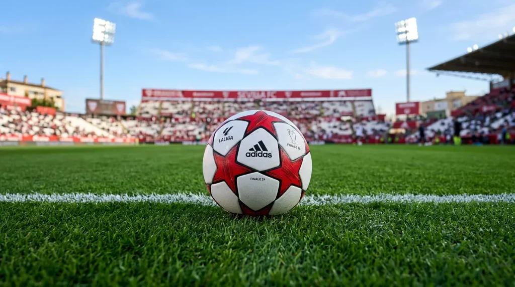 Dichtbij beeld van een voetbal op een Spaans grasveld met stadionlichten op de achtergrond