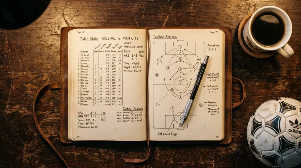 Notitieboek met voetbalstatistieken en een potlood op een bureau naast een Spaans voetbalveld