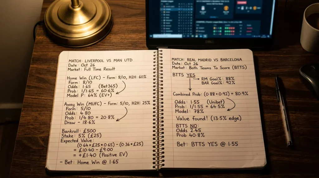Notitieboek met odds-berekeningen en een pen naast een laptopscherm met La Liga-statistieken