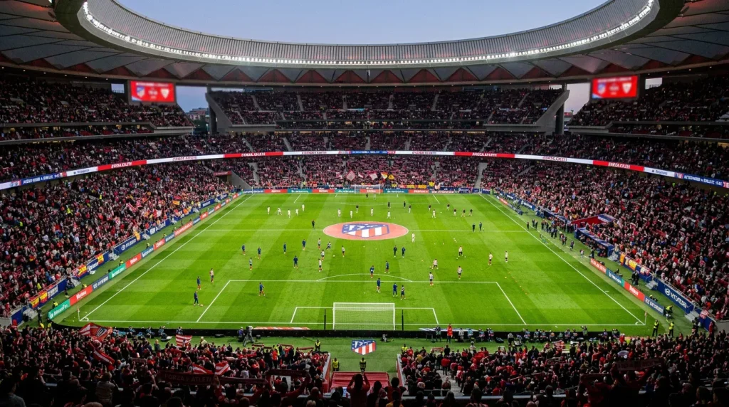 Voetbalstadion van FC Barcelona met supporters op de tribunes tijdens een avondwedstrijd