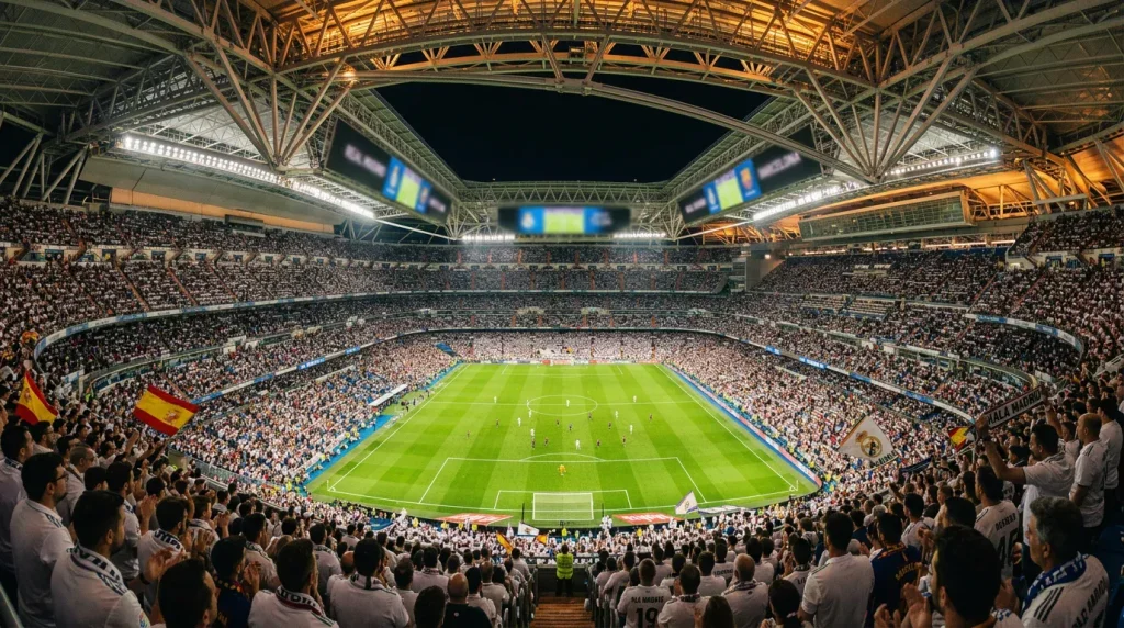 Santiago Bernabéu stadion van Real Madrid gezien vanaf de tribunes bij avondlicht